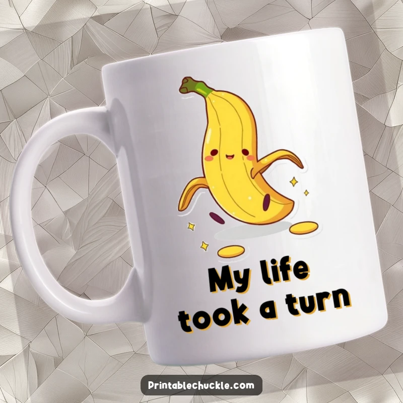Funny banana peel mug featuring a cartoon peel dramatically falling, emphasizing a hilarious slip and slide moment.