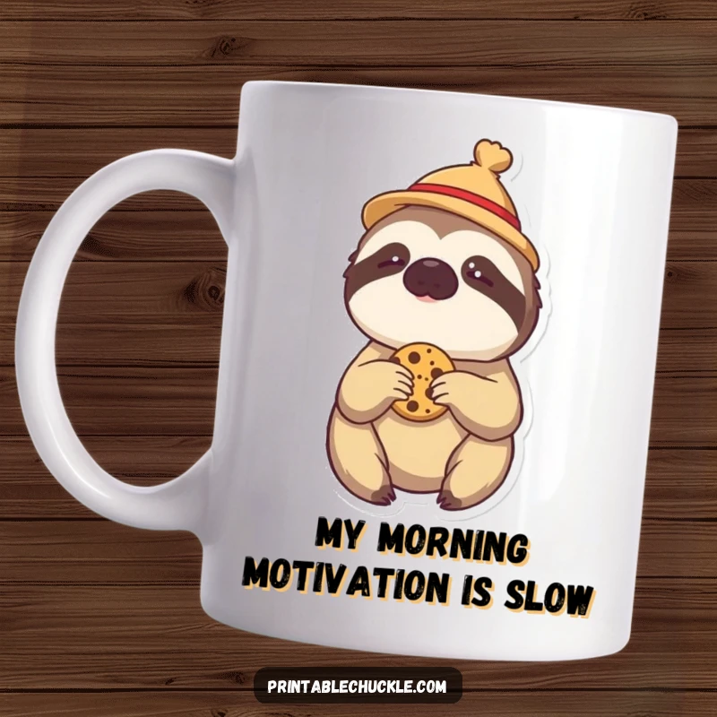 Funny mug featuring a lazy sloth in a tiny hat, slowly reaching for a cookie, embodying procrastination humor.