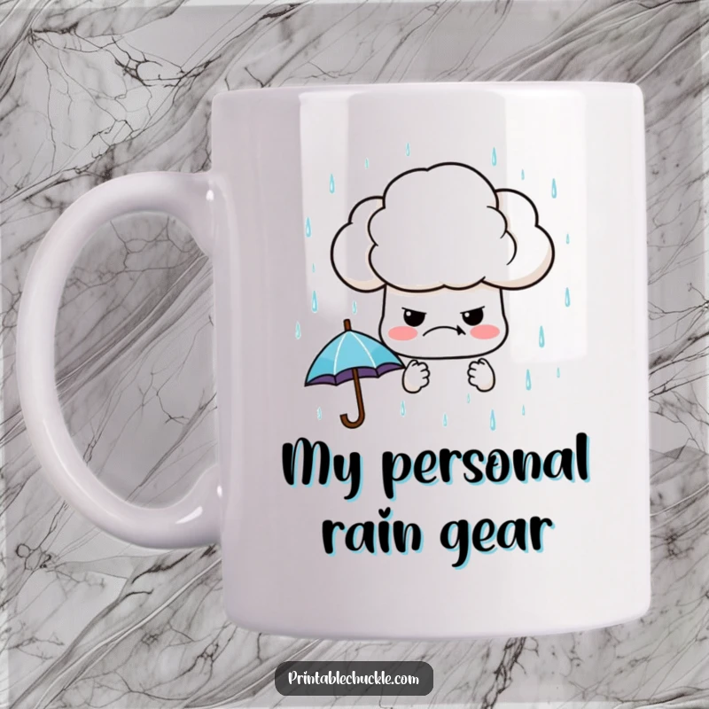Funny mug showing a very grumpy cloud raining down tiny, perfectly shaped umbrellas, expressing a humorous, relatable 'over it' mood.