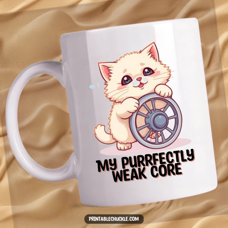 Funny cat mug showing a fluffy feline hilariously failing at a tiny ab wheel, perfect for coffee lovers.
