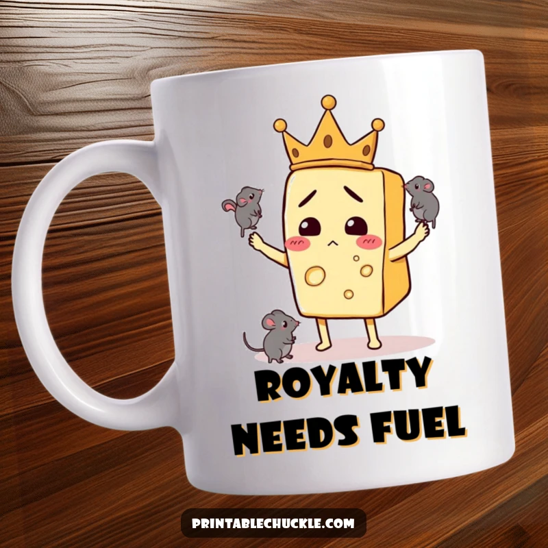 Funny mug with a confused cheese slice wearing a small crown, juggling three tiny mice with a bewildered expression.