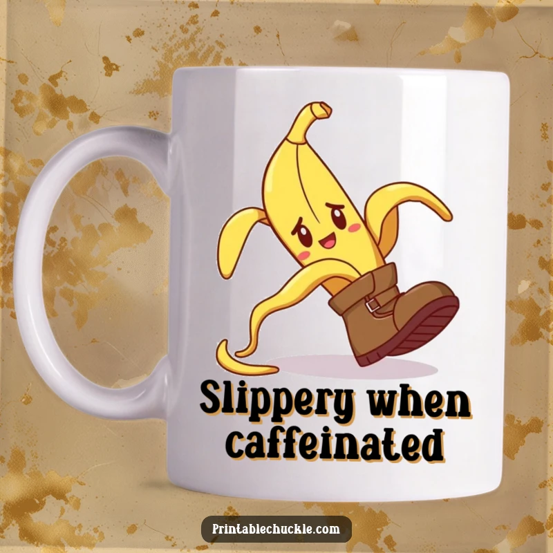 Funny mug showcasing a runaway banana peel comically tripping a confused boot, a hilarious gift for clumsy people.