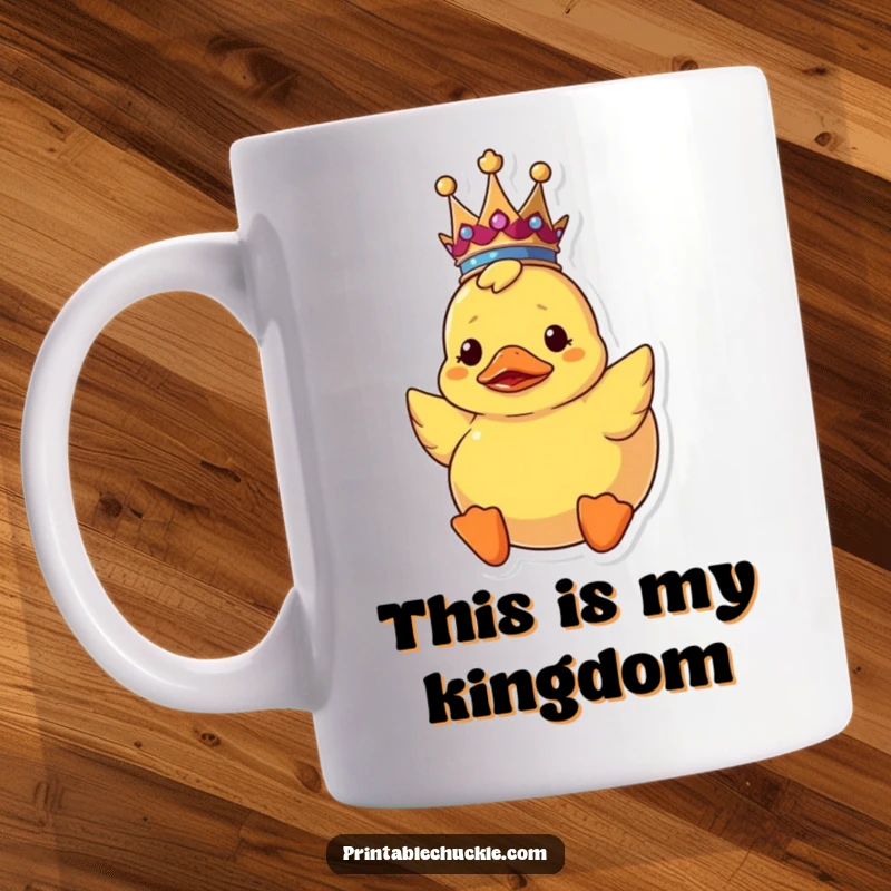 Funny upside down rubber duck mug wearing a tiny crown, looking utterly confused in the water.