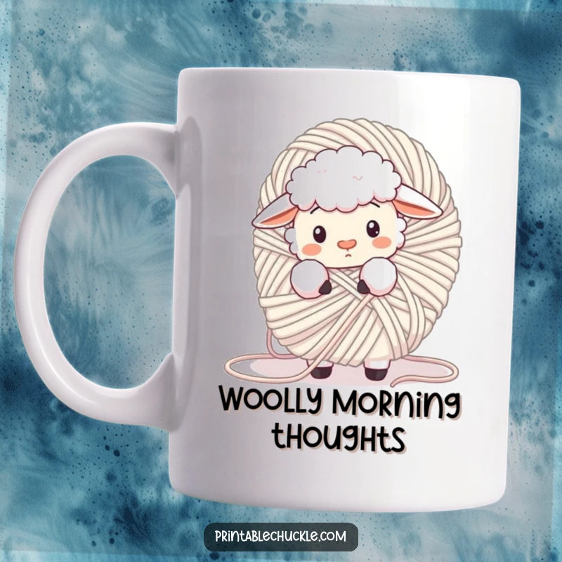 Funny fluffy sheep tangled in a giant ball of yarn, looking confused on a ceramic mug, a humorous and relatable gift.