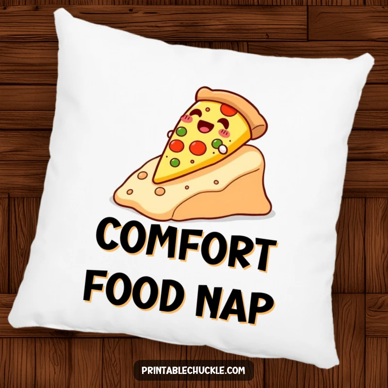 Funny happy pizza slice sliding down a cheese slope, depicted on a soft and funny pillow, a comfortable funny gift.