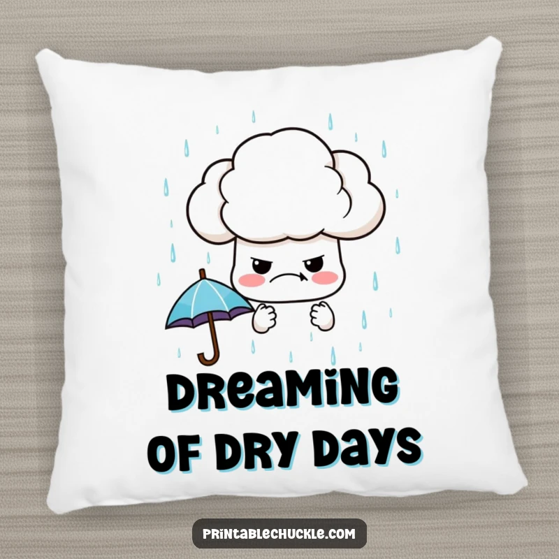 Funny decorative pillow depicting a grumpy cloud in the act of raining miniature umbrellas, offering a humorous and comforting accent piece.