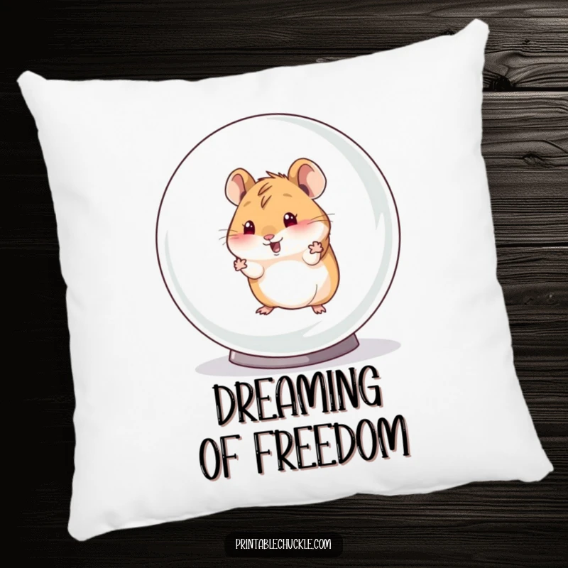 Funny pillow featuring a determined hamster making a daring escape from a huge hamster ball, adding a humorous touch to decor.