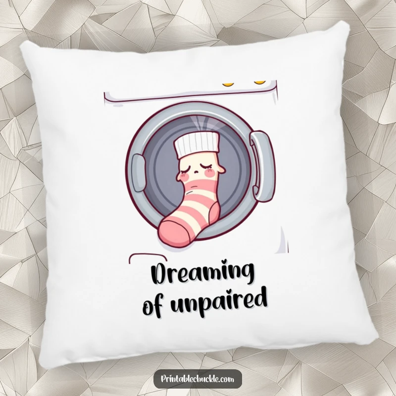 Funny pillow with a sleepy sock being pulled into a dryer by an unseen force, soft and humorous comfort.