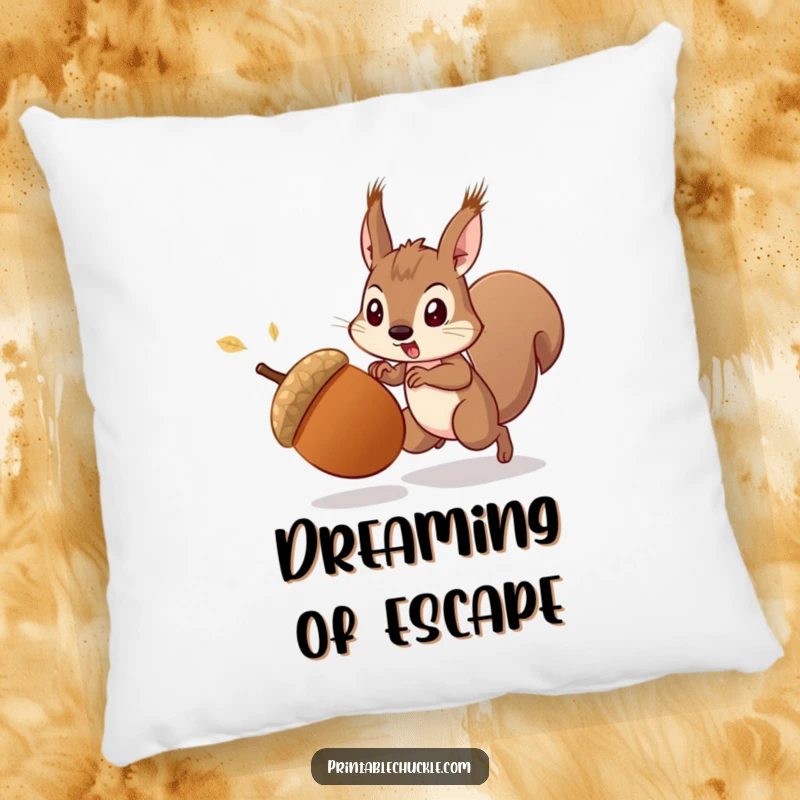Funny startled acorn being chased by a determined squirrel, depicted on a soft and funny pillow, a comfortable funny gift.