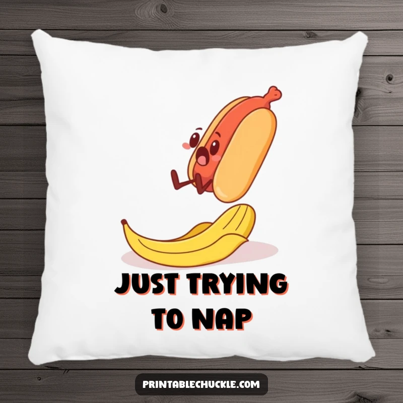 Funny decorative pillow showing a surprised banana peel sliding under a walking hot dog, a humorous food-themed accent.