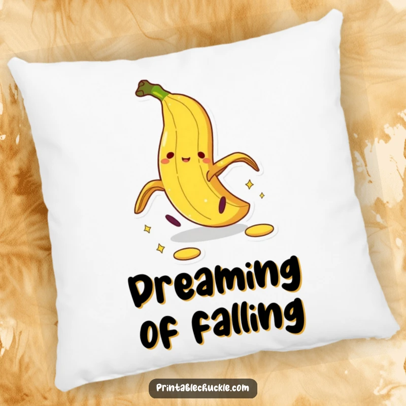 Funny banana peel pillow featuring a cartoon peel in a dramatic pratfall, a humorous and soft comfort item.
