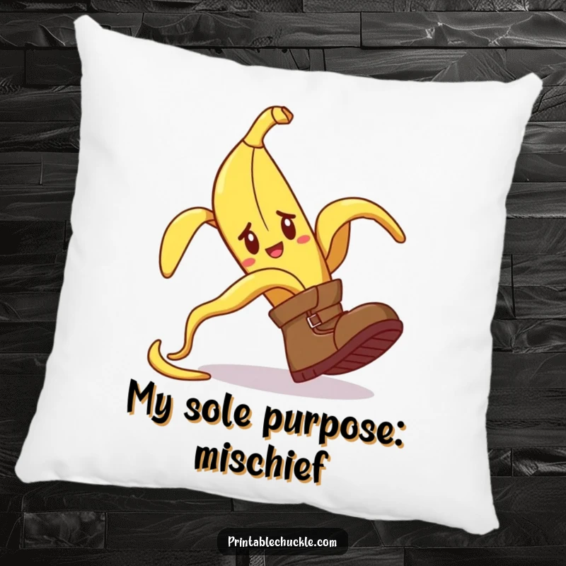 Funny pillow with a banana peel comically tripping a confused boot, perfect for cozy and humorous lounging.