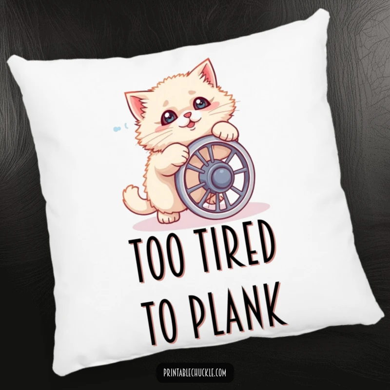 Funny cat pillow showing a fluffy cat comically failing with a tiny ab wheel, adding comfort and humor.