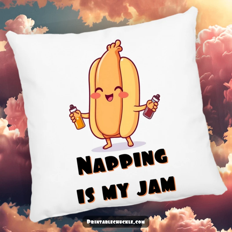 Funny hot dog pillow, amusingly juggling tiny red and yellow condiment bottles, a soft and humorous accent piece.