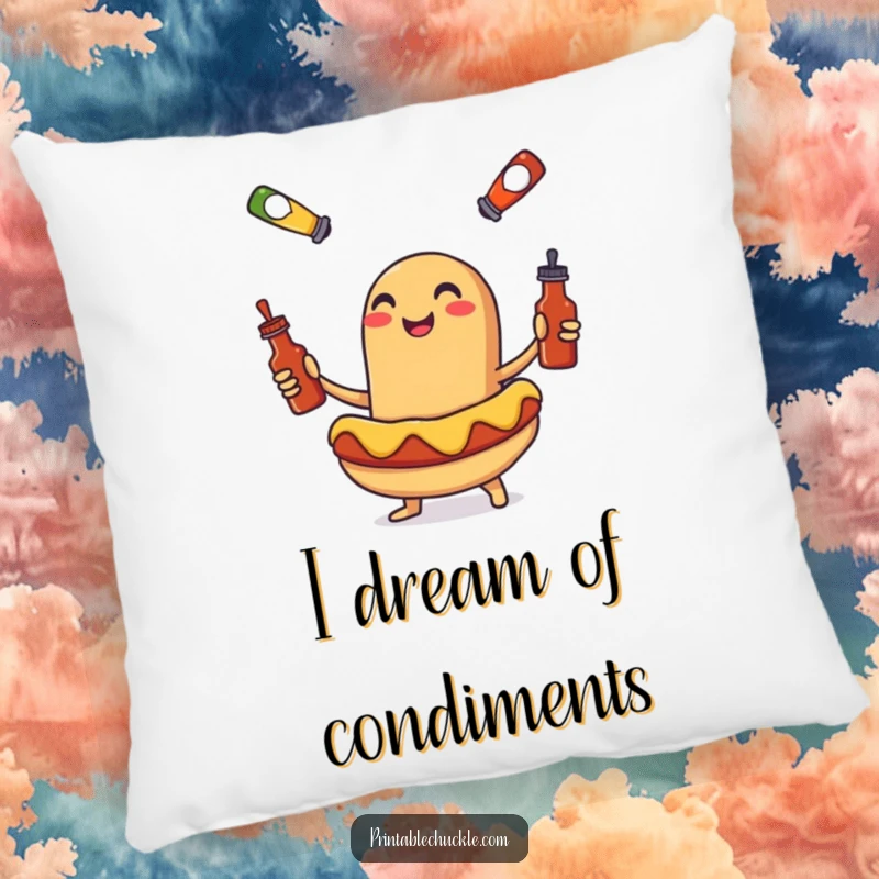 Funny pillow featuring a smiling hot dog juggling tiny condiment bottles, a soft and humorous decorative gift.