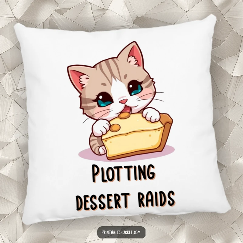 Funny pillow with a mischievous cat trying to steal a slice of pie, comfortable funny gift.