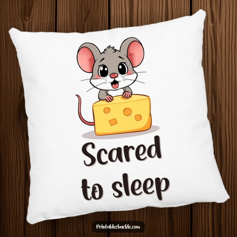 Funny pillow showing a scared piece of cheese trying to escape from a hungry cartoon mouse.