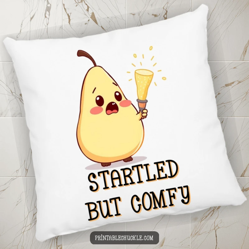 Funny pillow featuring a surprised pear reacting to a popping champagne cork, adding a humorous and plush touch to decor.