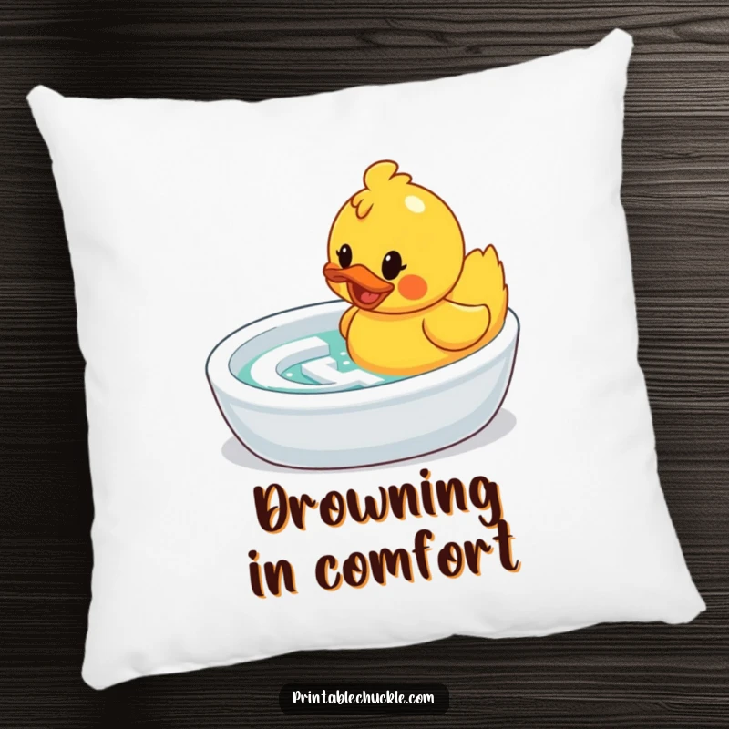 Funny pillow: a determined rubber duck tackling a bathtub maze, for cozy and humorous home decor.