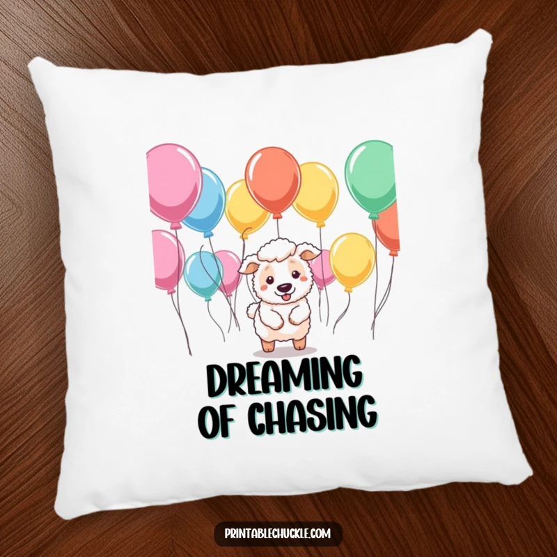 Funny pillow with a sheepdog trying to herd balloons, adding humorous comfort and a touch of chaotic charm to any decor.