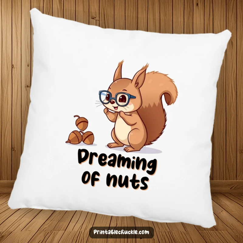 Funny squirrel pillow featuring a mischievous character with glasses juggling acorns with its tail, adding comfort.