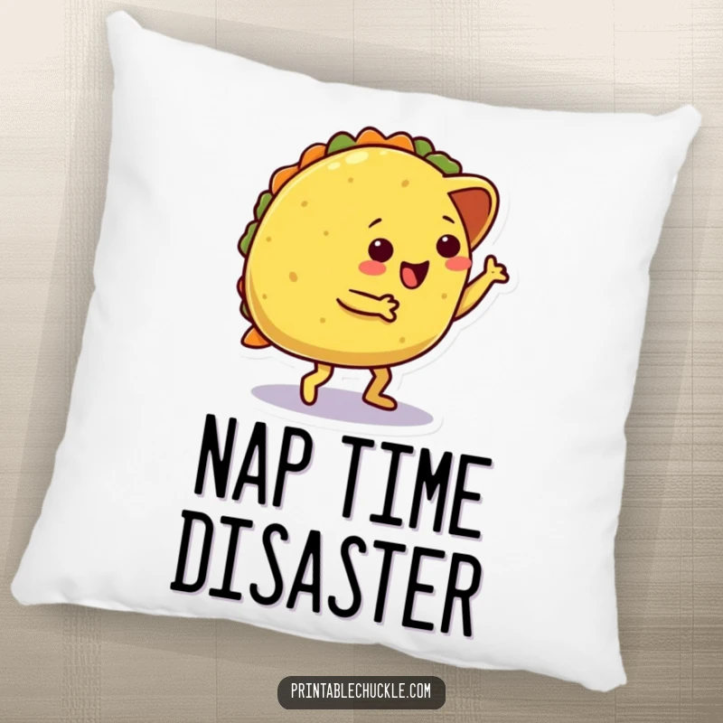 Funny pillow featuring a dancing taco character comically tripping over its own shell, offering a touch of food-related humor and comfort.
