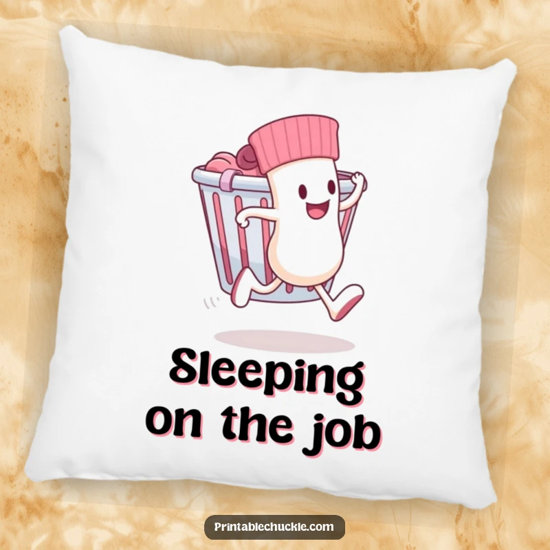 Funny pillow featuring a sock with legs running away from a laundry basket, offering comfort and humor.