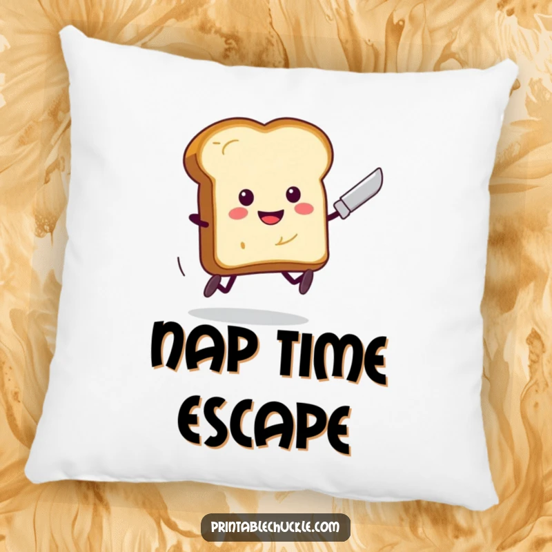 Funny Toast Running Butter Knife Pillow: A smiling piece of toast with legs is depicted mid-sprint, escaping a butter knife.