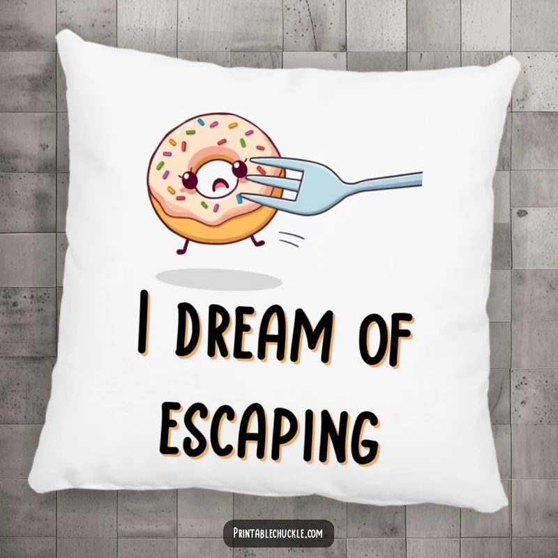 Funny pillow featuring a nervous donut with sprinkles being chased by a giant fork, a soft and humorous decorative gift.
