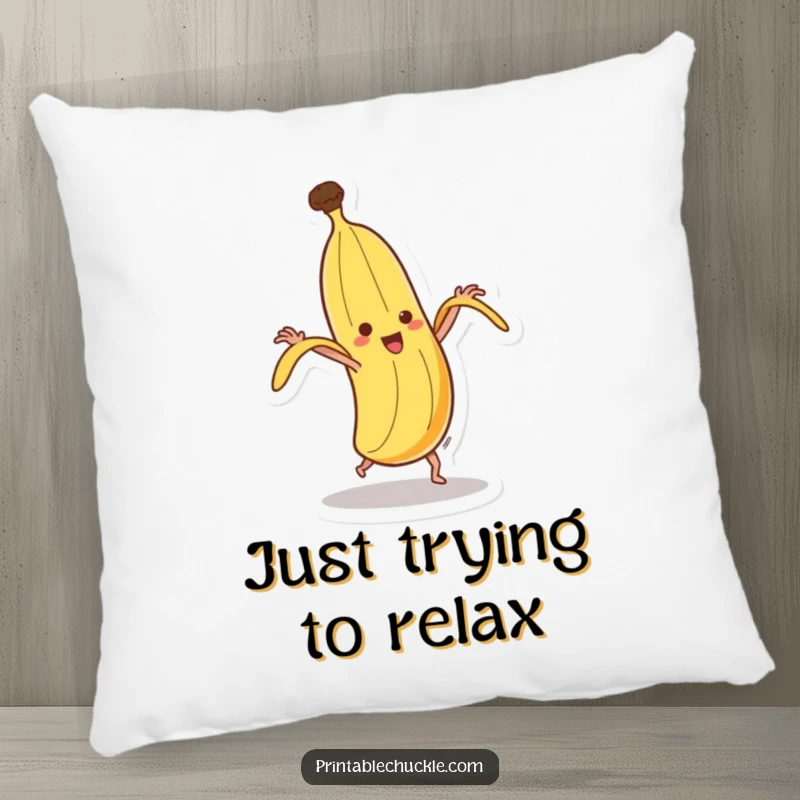 Funny dancing banana pillow, depicted in a comical spin while trying to peel itself, offering plush comfort and humor.