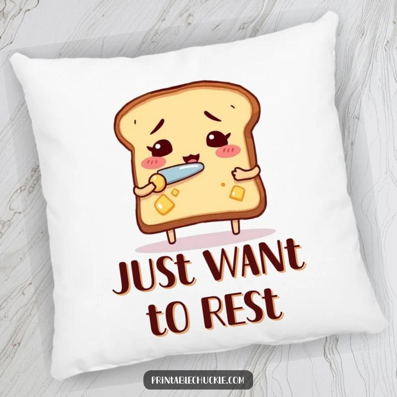 Funny nervous toast pillow, shown nervously buttering itself with a tiny knife, offering plush comfort and comical relief.