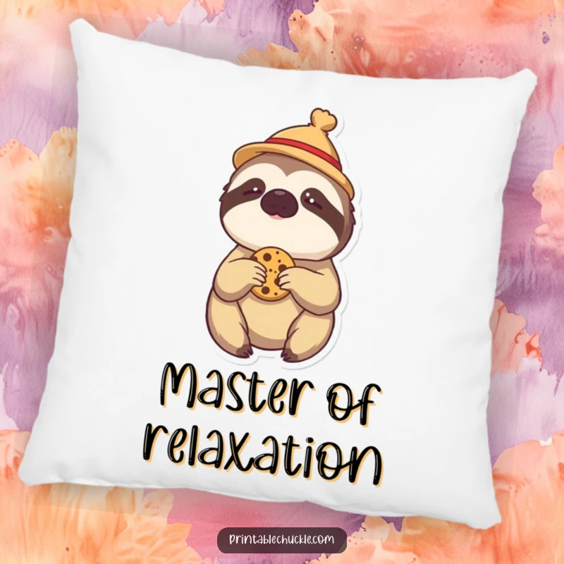 Funny pillow featuring a lazy sloth in a tiny hat, reaching for a cookie, for cozy and humorous decor.