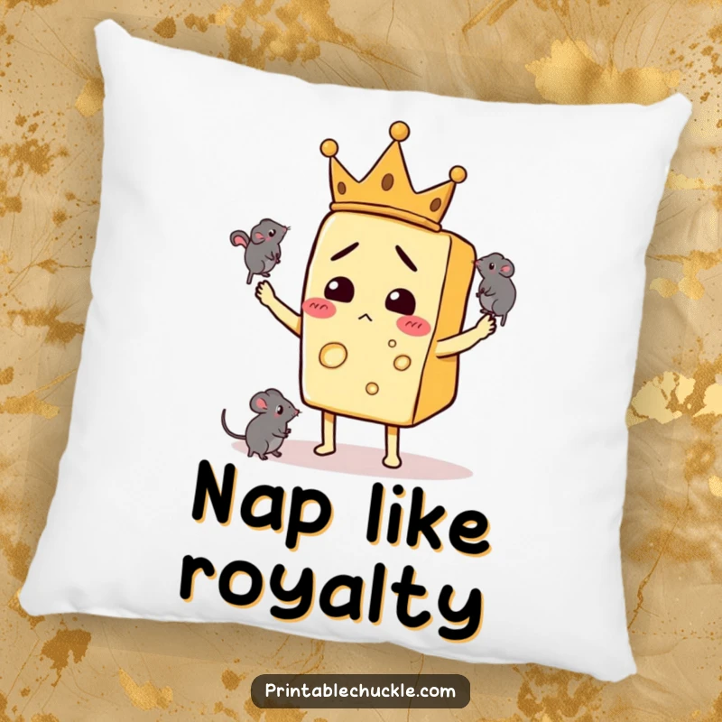 Funny pillow featuring a confused slice of cheese wearing a crown, juggling mice, adding comfort and humor to a room.