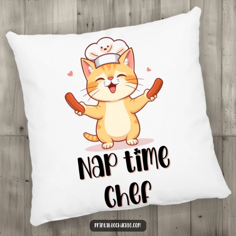 Funny pillow featuring a cat wearing a tiny chef hat hilariously juggling spinning hot dogs, perfect for cozy, cute, and culinary humor.