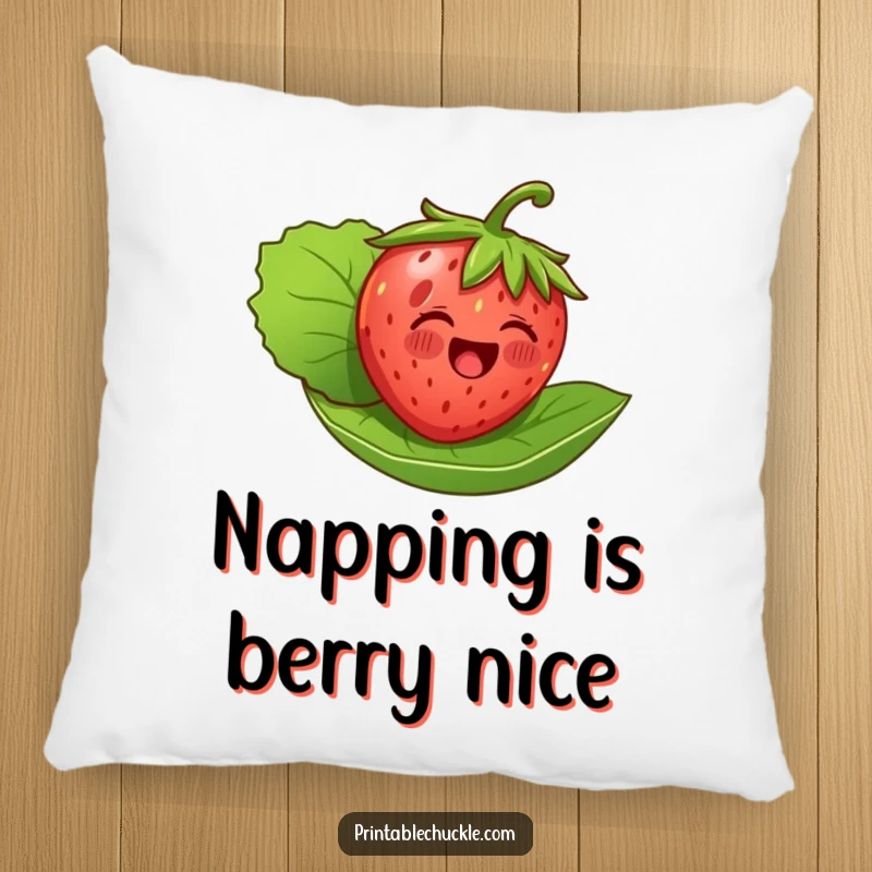 Funny, plush pillow featuring a delighted strawberry floating on its leaf, providing a humorous and comfortable decorative accent.