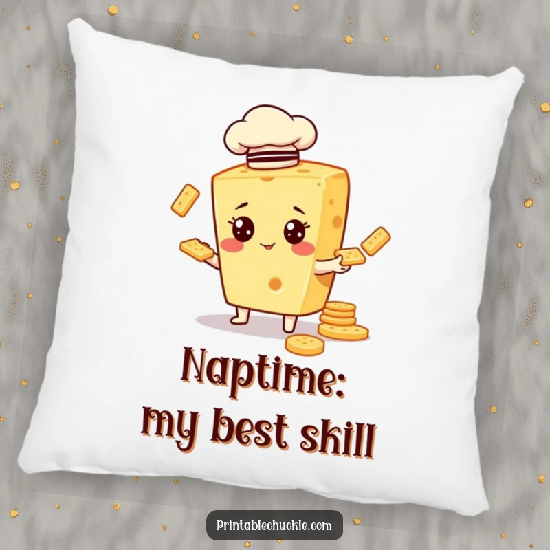 Funny decorative pillow showcasing a cheese character in a chef hat, humorously juggling crackers.