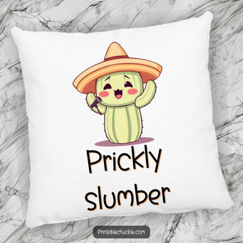 Funny pillow with a cactus wearing a sombrero singing happily, offering comfort and a touch of desert humor.
