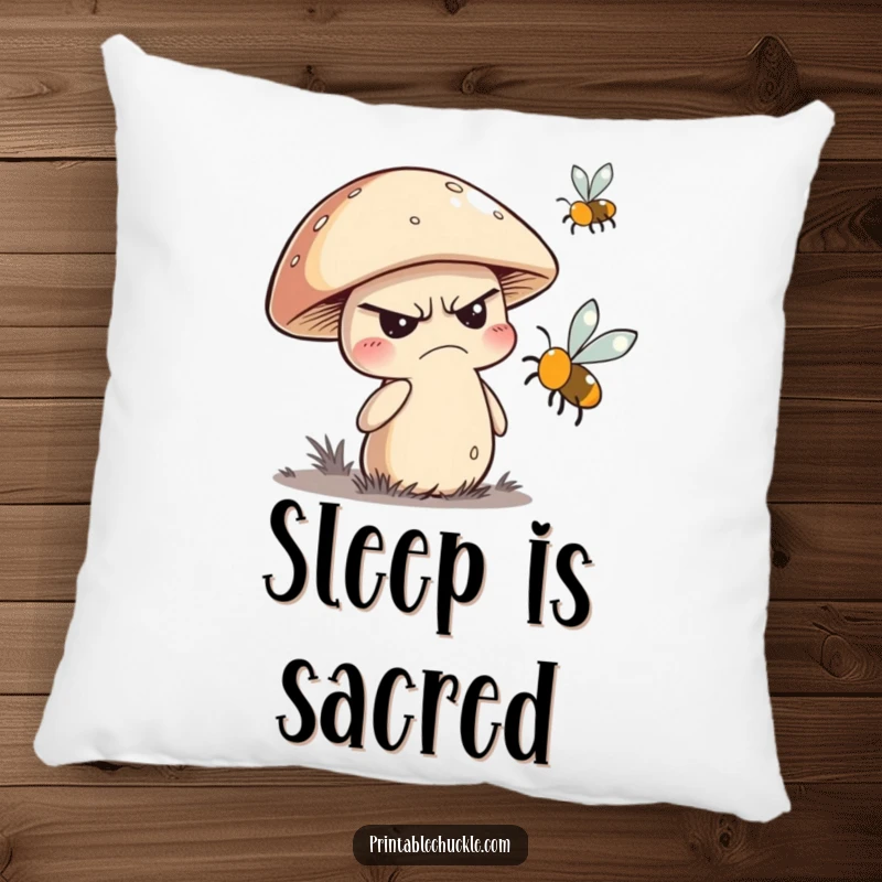 Funny decorative pillow showcasing a grumpy mushroom character trying to swat away a buzzing fly, a humorous woodland accent.