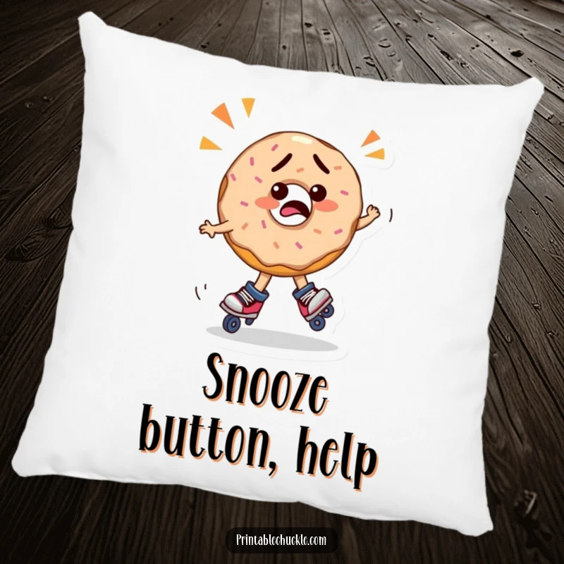 Funny confused donut on roller skates, spinning in confusion, depicted as a soft pillow, a funny and comfortable funny gift.