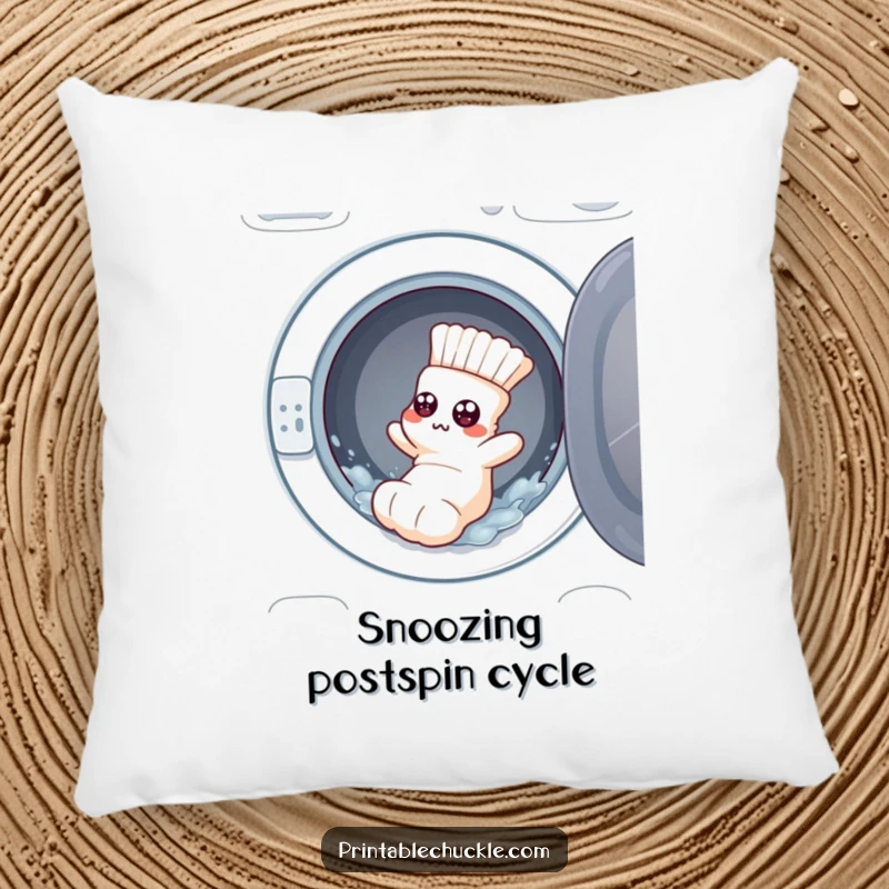 Funny pillow: a flustered sock with googly eyes tumbling from a washing machine, for cozy decor.