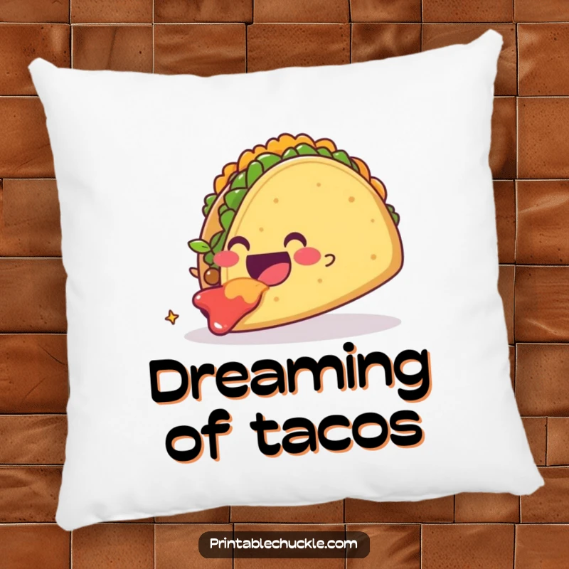 Funny smiling taco character gleefully eating a giant taco, providing soft comfort and quirky decor. A plush and funny pillow.