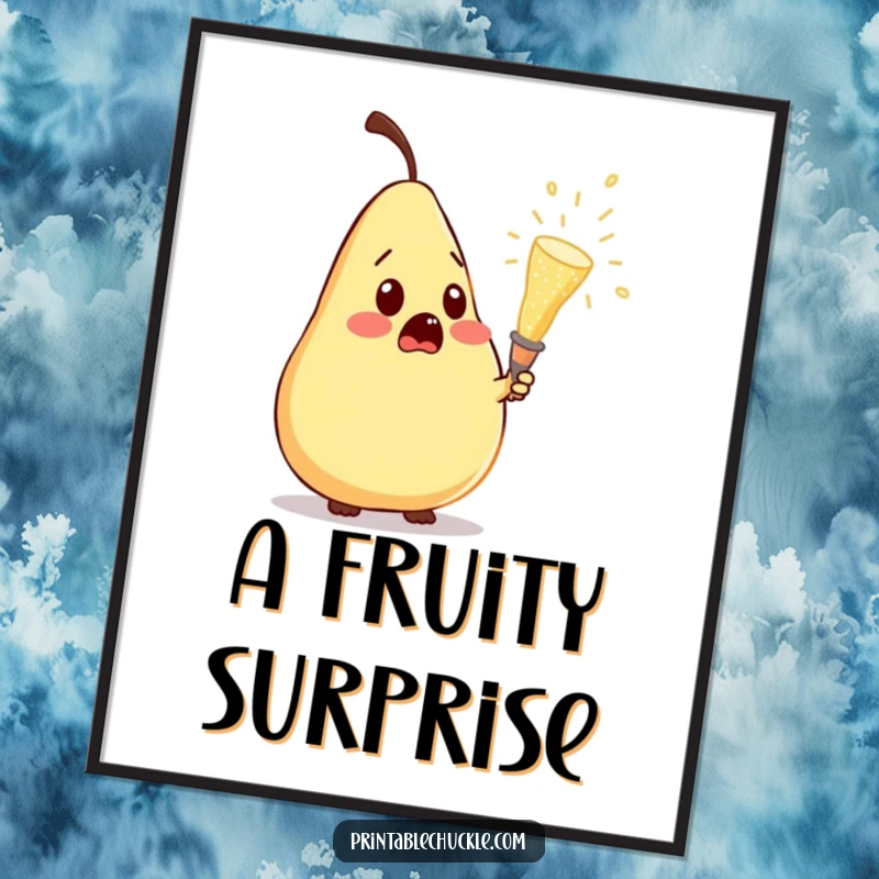 Funny digital art print of a pear looking comically surprised by a popping champagne cork, a humorous and vibrant illustration.