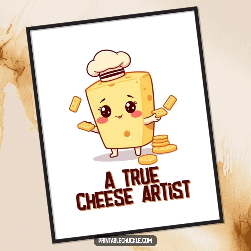 Funny digital art print of a cheese character in a chef hat, comically juggling crackers, perfect for foodie humor decor.