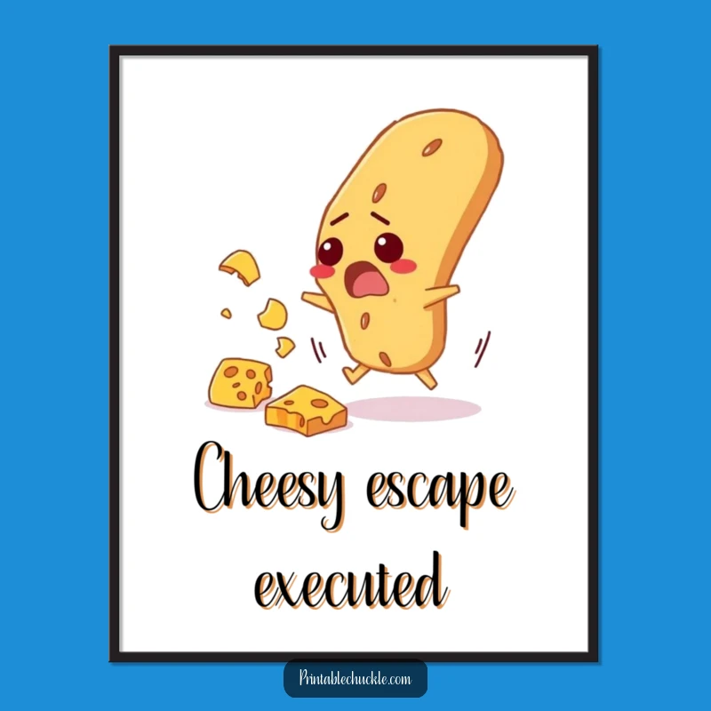 Funny Baguette Cheese Dodge Digital Art: Startled Bread Print, Humorous Food Decor