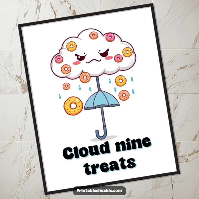 Funny Grumpy Cloud Donut Rain Digital Art Print: A grumpy cloud showers donuts onto a happy umbrella, creating a whimsical digital piece.