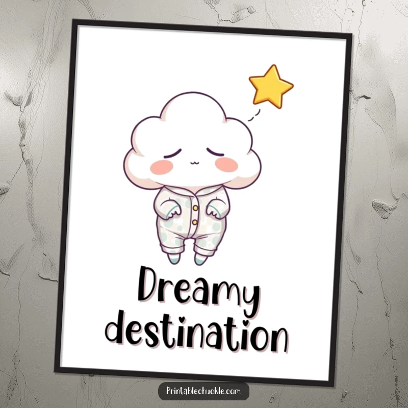 Funny sleepy cloud digital art print, showing a cloud in pajamas trying to catch a falling star, downloadable dreamy art.