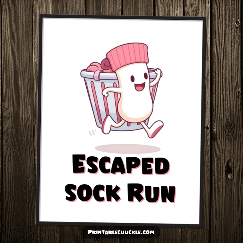 Funny digital art print of a sock with legs running away from a laundry basket, ready to be framed.
