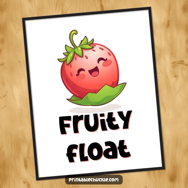 Funny strawberry digital art print, a delighted berry attempting to float on its leaf, high-resolution cheerful artwork.
