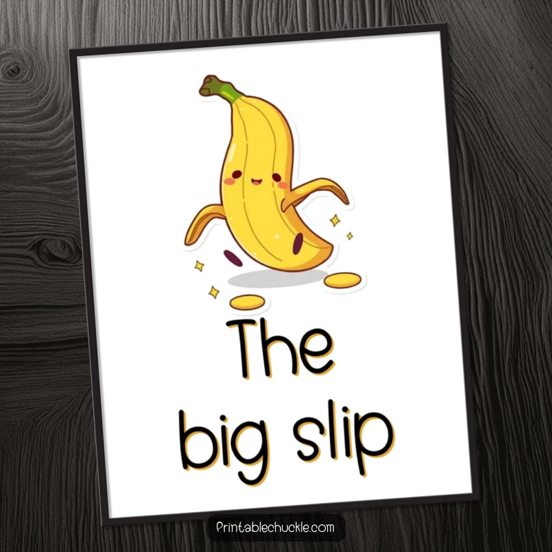 Funny banana peel digital art print of a dramatic pratfall, a hilarious cartoon illustration for instant download.