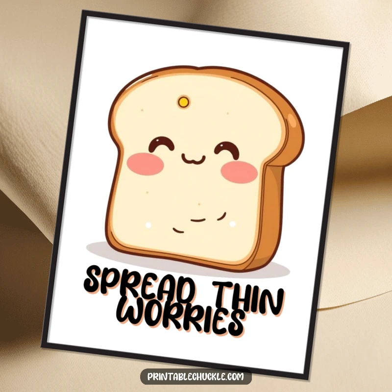 Funny digital art print of blushing bread hiding behind butter, adding instant cute humor to decor.